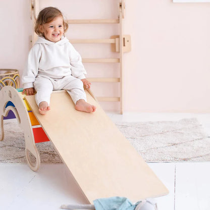 Arche Montessori arc-en-ciel + planche double face + chaise en bois