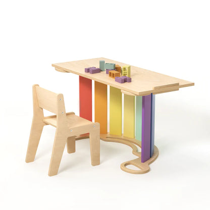 Arche Montessori arc-en-ciel + planche double face + chaise en bois