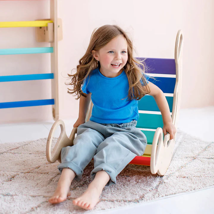 Arche Montessori arc-en-ciel + planche double face + chaise en bois